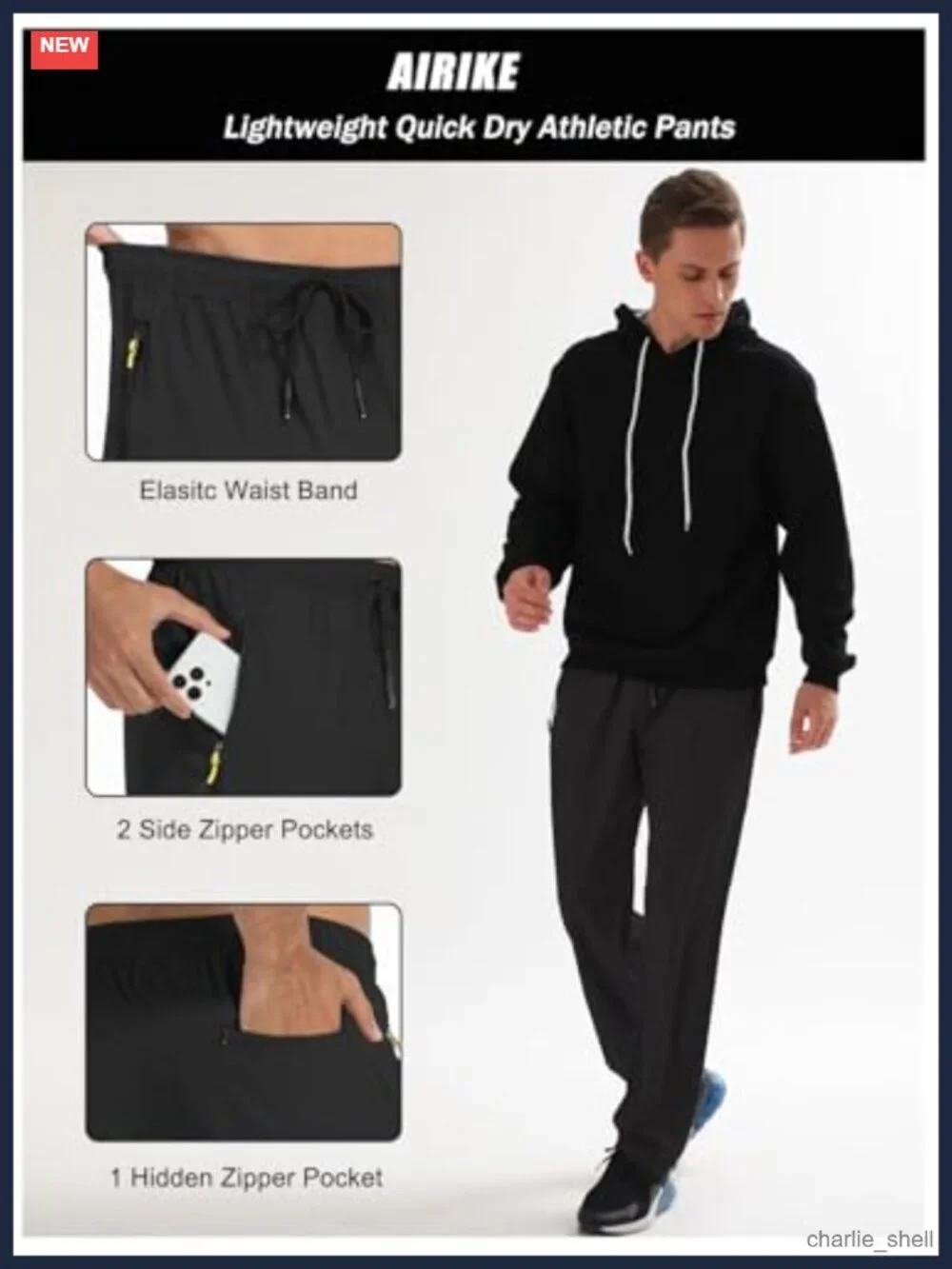 Men's Hiking Pants Water Resistant Quick-Dry Lightweight Sweatpants with Zipper